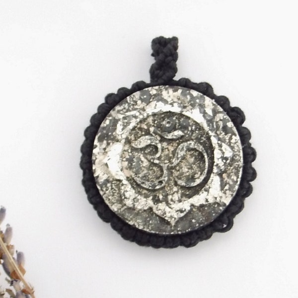 Orgonite Ohm, large round healing stone pendant with silver, hematite, rose quartz in cotton macramé, adjustable chain