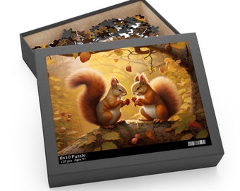 May include: A 120-piece 8x10 puzzle featuring two red squirrels sharing berries in a forest setting. The puzzle is suitable for ages 9 and up.