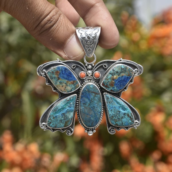 Stunning Navajo Butterfly Pendant ~ Red Coral and Chrysocolla ~ Sterling Silver Large Jewelry ~ Southwestern Style ~ HandmadeGift For Women