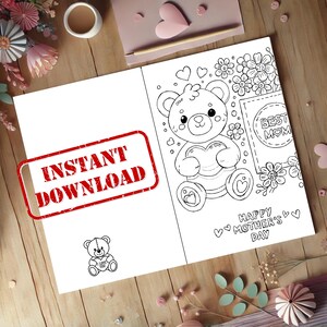 Mother&#39;s Day Coloring Card - Cute Bear Printable - Best Mom Gift - Happy Mother&#39;s Day - DIY Card for Kids - Instant Download PDF - Printable