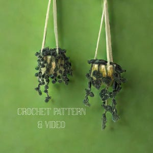 May include: Two handmade crochet hanging planters with trailing green foliage, suspended by white cords against a green background. The planters have a light-colored interior and dark green, textured exteriors. Text at the bottom reads "CROCHET PATTERN & VIDEO."