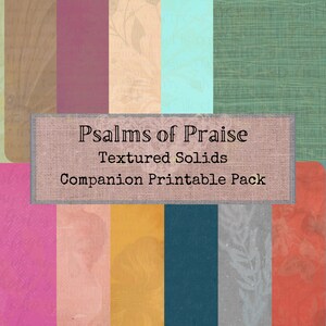 May include: A digital printable pack of 12 textured solid colors in various shades of pink, peach, brown, green, blue, yellow, gray, and orange. The pack is titled "Psalms of Praise Textured Solids Companion Printable Pack".