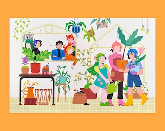 Puede incluir: Una ilustración colorida de un grupo de amigos que trabajan en la jardinería en un invernadero. Los amigos llevan ropa informal y están rodeados de plantas. Hay bombillas colgando del techo y una mesa con un jarrón y una cesta.