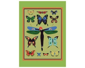 Puede incluir: Una ilustración colorida de una mujer con cabello rojo y un vestido negro, con alas de mariposa. La mujer está rodeada de mariposas de varios colores y patrones, incluyendo azul, verde, amarillo y naranja.