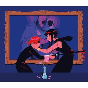 Puede incluir: Ilustración de dos figuras en un entorno oscuro, una con cabello rojo y la otra con cabello negro, frente a una pintura enmarcada. La figura de cabello negro sostiene una espada, y la figura de cabello rojo la abraza. Un jarrón con una flor está sobre la mesa.