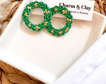 Christmas Wreath Clay Earrings | Holiday Jewelry