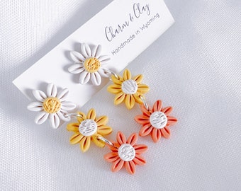 Handmade Daisy Dangle Earrings, Polymer Clay Floral Earrings