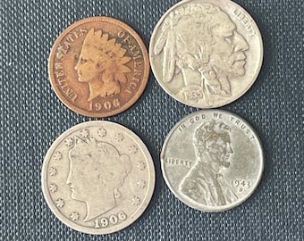 4 Coin Lot - Old Coins - Buffalo Nickel - Indian Head Penny - Liberty V Nickel - 1943 Steel Wheat Penny