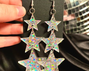 Silver Glitter holographic star earrings