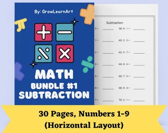 Utskrivbart matematikhäfte, subtraktion, 30 sidor, tal 1-9, övningsblad för flyt, bunt nr 1, horisontell layout, svar ingår