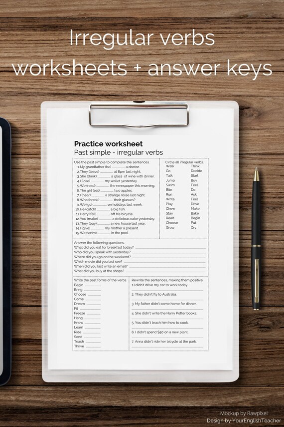 irregular verbs worksheets practice sheets english grammar etsy
