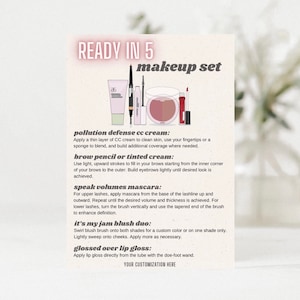 May include: A pink and white makeup set with the text "READY IN 5 makeup set". The set includes a tinted cream, a brow pencil, a mascara, a blush duo, and a lip gloss.