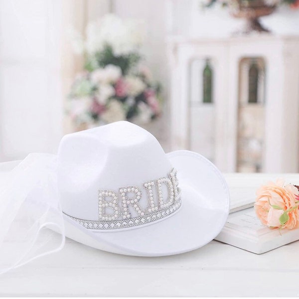 Bride Embellished Cowgirl Fedora Hat With Veil