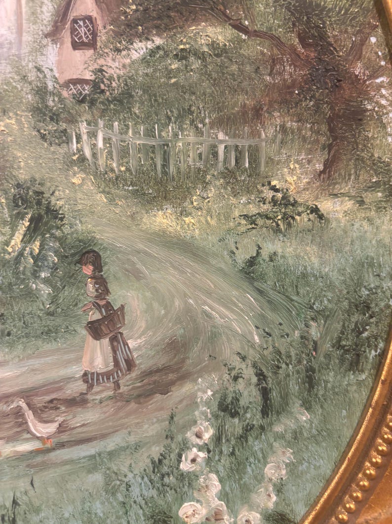 May include: A painting depicting a girl walking along a path with a basket in her hand. Two ducks are in front of her and a white picket fence can be seen in the background. The painting is framed in a gold frame.