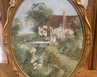 Overall ORIGINAL OIL PAINTING Pat Langton Country Cottage in a Gold Gilt Frame