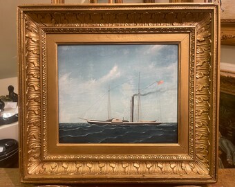 Original Oil Painting Ship At Sea Chris J Guise 19th Century In beautiful Gold gilt Frame