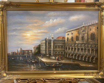 Magnífica pintura al óleo original de gran tamaño, Venecia, Italia, enmarcada en oro, del siglo XX.