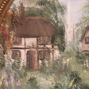 May include: A painting depicting a white cottage with a thatched roof, set amidst verdant foliage. A tall church spire can be seen in the distance.