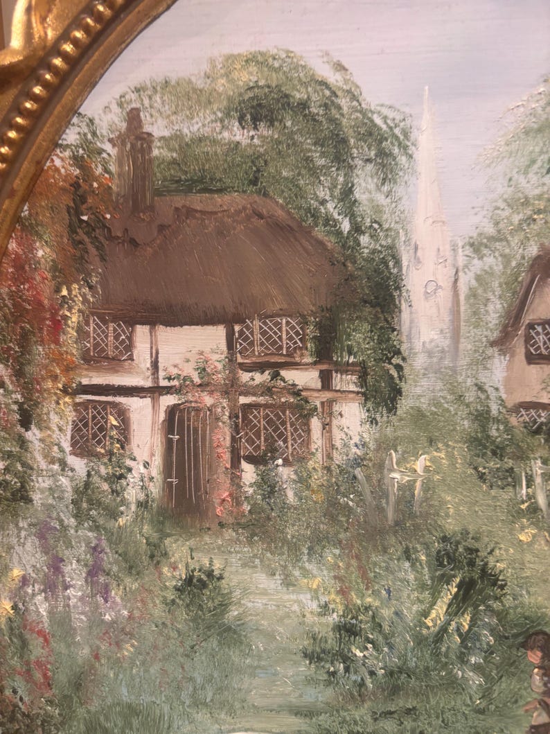 May include: A painting depicting a white cottage with a thatched roof, set amidst verdant foliage. A tall church spire can be seen in the distance.