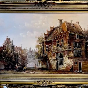 Huge ORIGINAL Oil Painting Old Town signed Baillie in Gold Gilt Frame 1970s