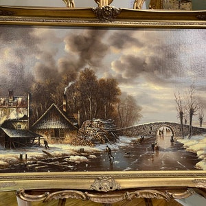 Kvalitetsstycke Lantlig stuga Original oljemålning av G. Schroter 1900-talet i vacker guldförgylld ram