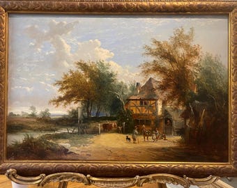 Rare 19th Century Antique Original Oil Painting Cattle Country Cottage Gold Gilt Frame