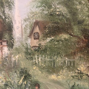 May include: A painting depicting a charming rural scene with a small cottage, a church spire in the distance, and a young person walking along a path. The painting is rendered in a soft, muted colour palette of greens, browns, and blues.