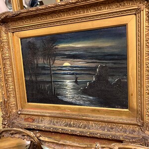 Old Master Style 19th Century Oil Painting In Gold Gilt Frame Moon Seaview D.Burns