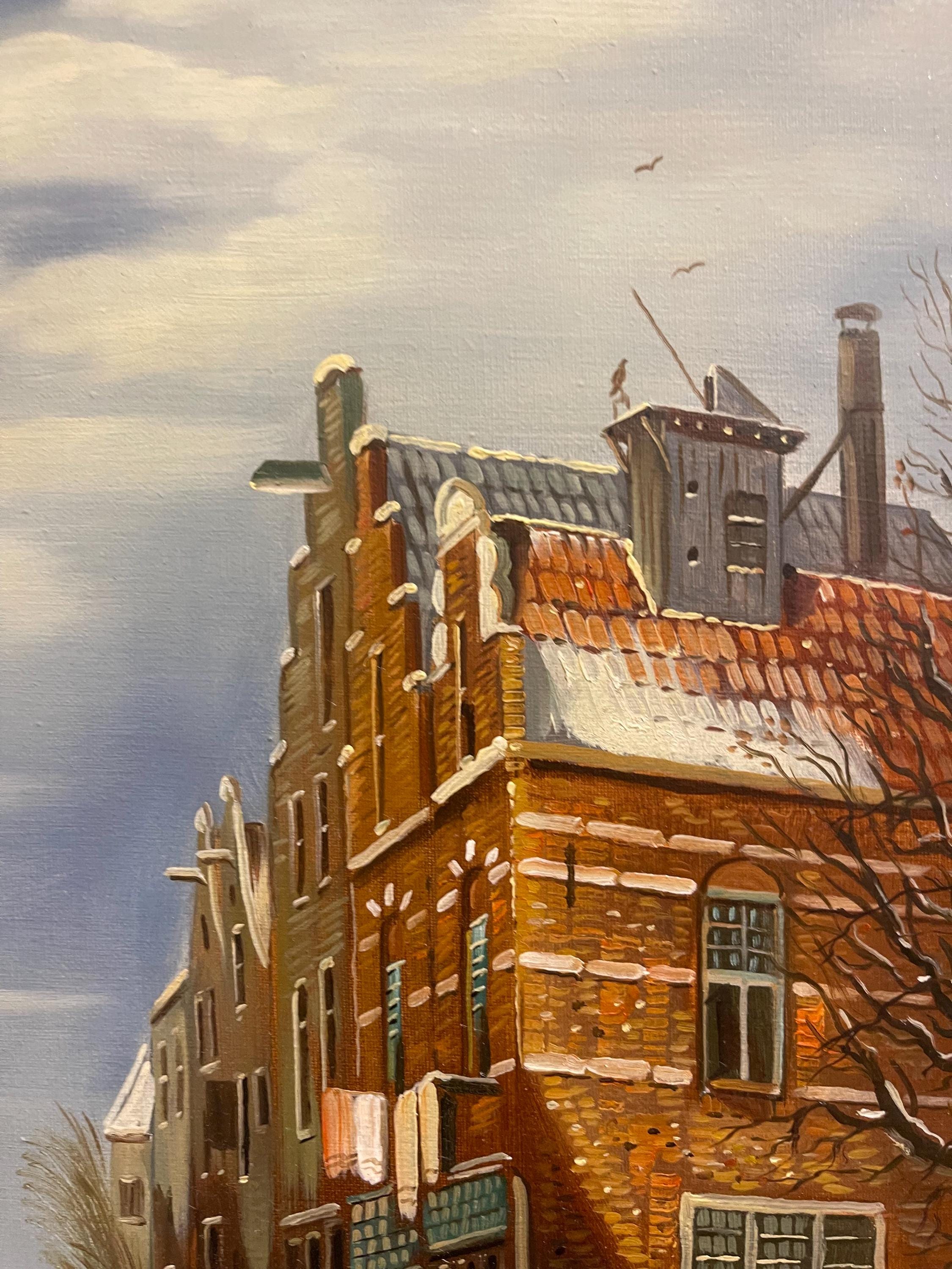 Stunning Original Oil PAINTING Winter Town Scene Signed H J