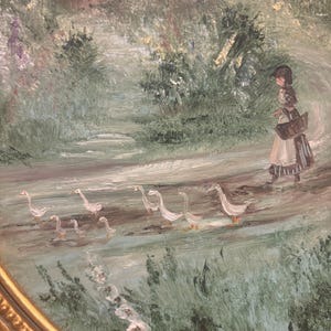 May include: A painting depicting a girl in a white dress walking along a path with a basket of white geese following her. The path is bordered by green bushes and the background shows a blurred image of a house.
