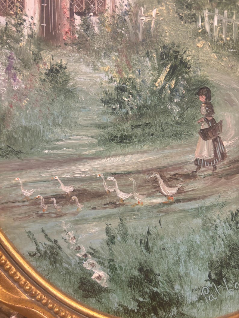 May include: A painting depicting a girl in a white dress walking along a path with a basket of white geese following her. The path is bordered by green bushes and the background shows a blurred image of a house.