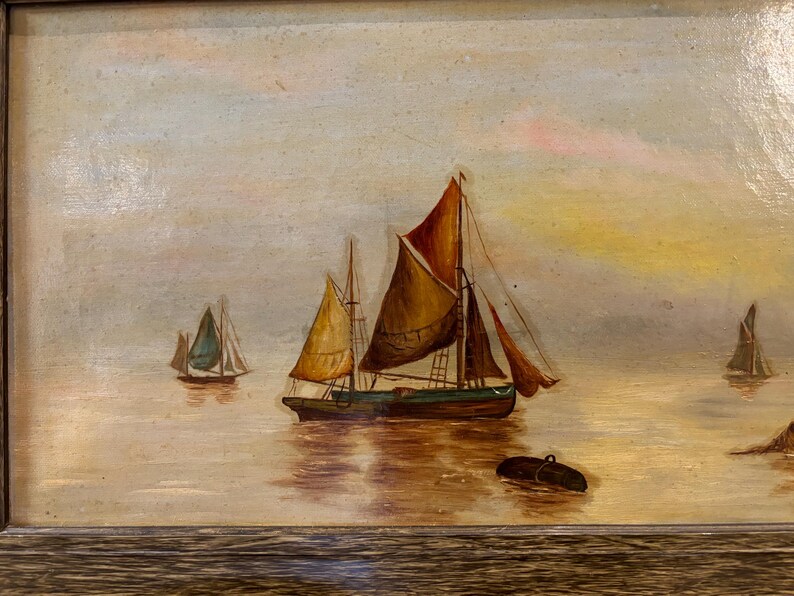 May include: A painting of three sailboats on a calm sea with a light blue sky and a yellow sunset in the background.
