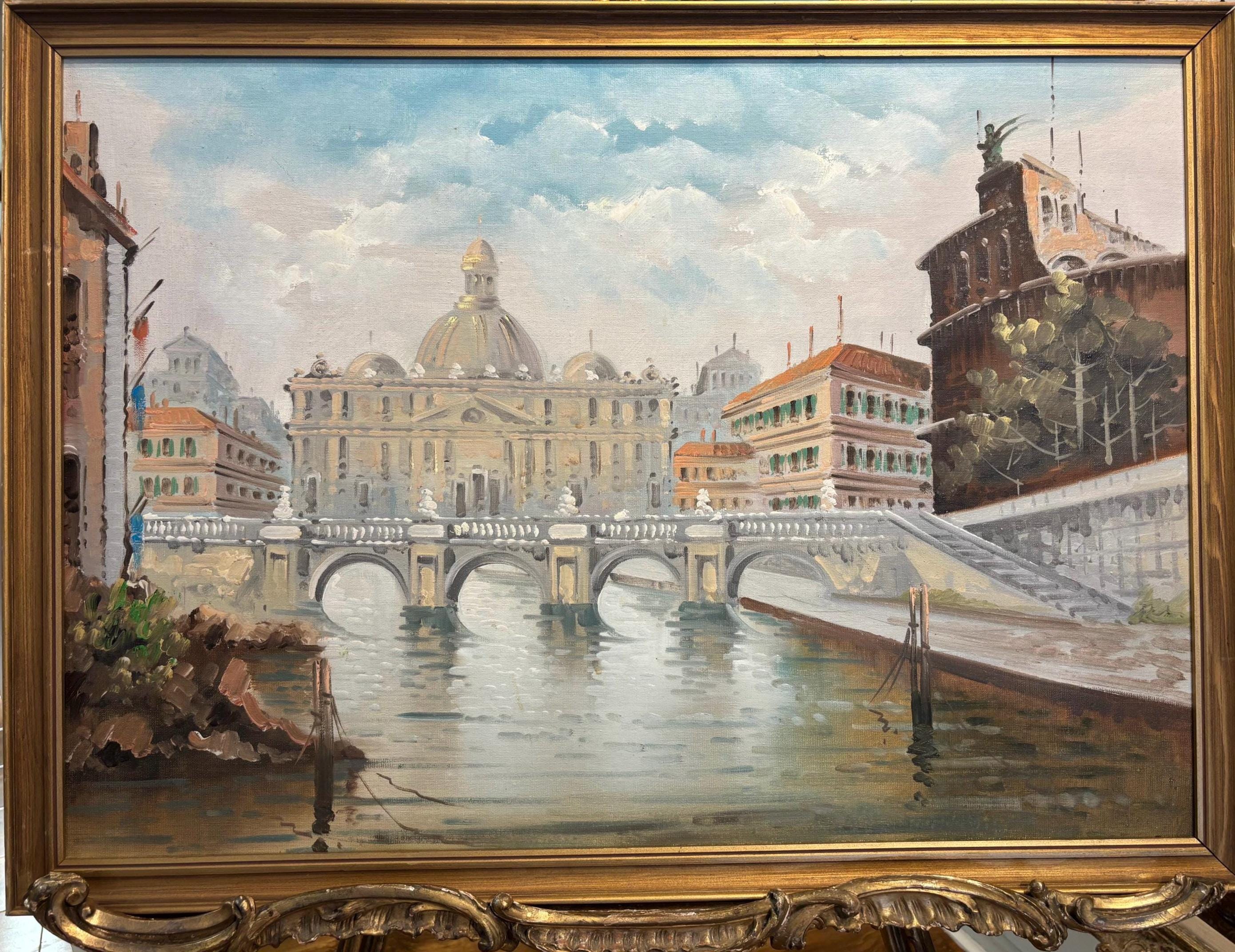 Original Oil Painting St Peter's Venice Impressionism In Gold Frame 20th Century