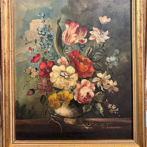 Muy fina pintura al óleo ORIGINAL Hermosas flores firmada y en un hermoso marco dorado de la década de 1950