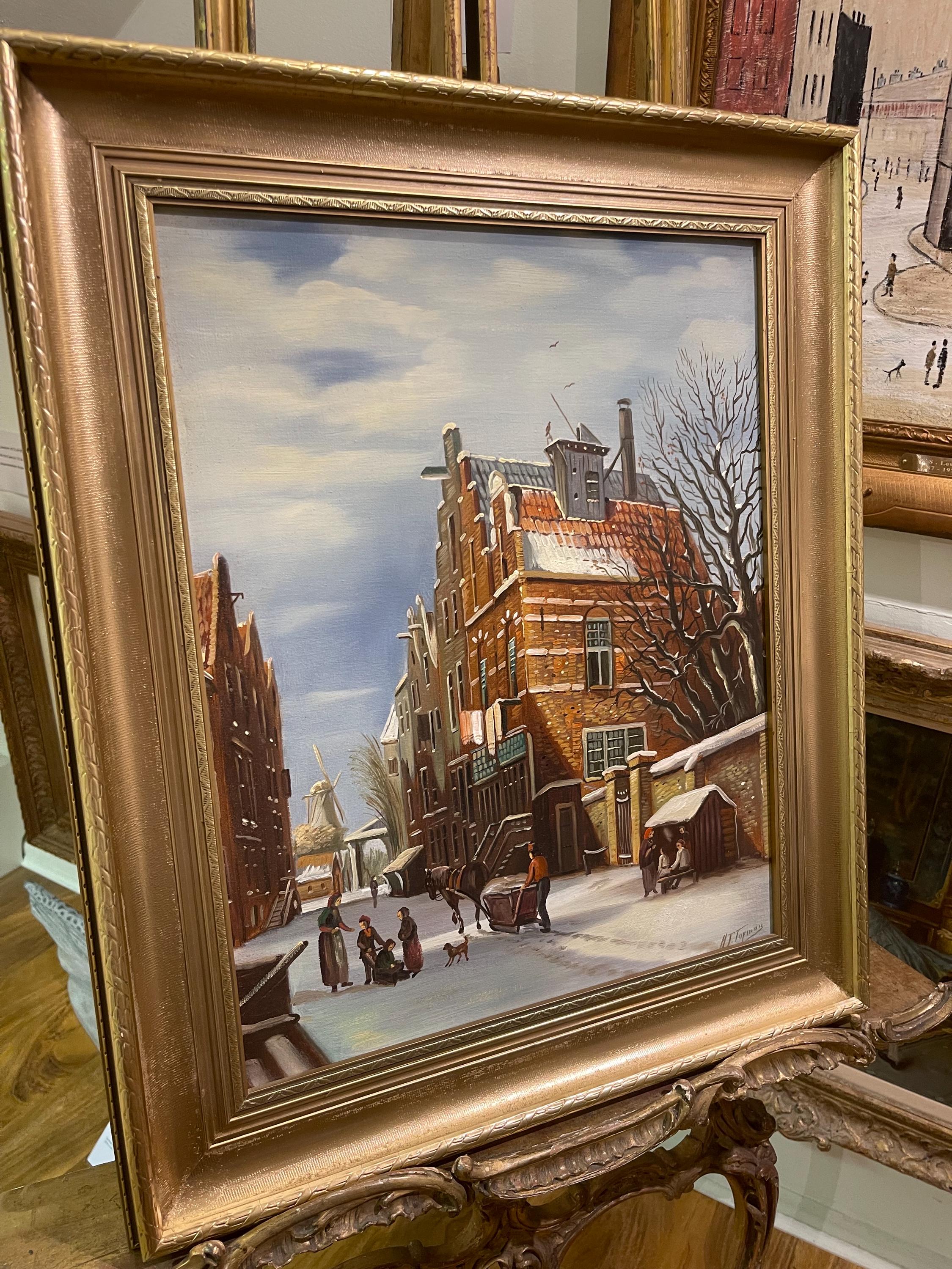 Stunning Original Oil PAINTING Winter Town Scene Signed H J