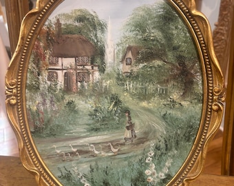 Overall ORIGINAL OIL PAINTING Pat Langton Country Cottage in a Gold Gilt Frame