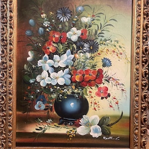 Pintura al óleo ORIGINAL Hermosas flores Firmada y en un hermoso marco dorado de la década de 1980