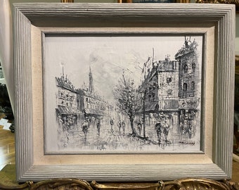 Rare Original Oil Painting Black and White Paris Scene Signed 20th Century