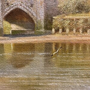 May include: A painting of a building with a large archway, reflected in a body of water. The water is a muted green and brown color, and the building is a light brown color.