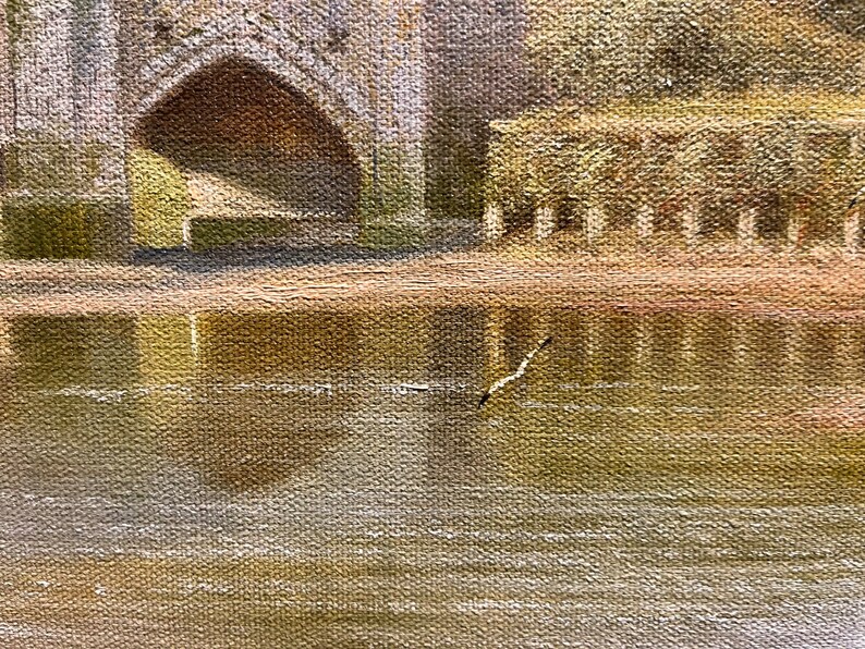 May include: A painting of a building with a large archway, reflected in a body of water. The water is a muted green and brown color, and the building is a light brown color.