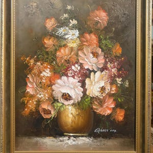 Pintura al óleo ORIGINAL Hermosas flores Firmada y en un hermoso marco dorado de la década de 1980