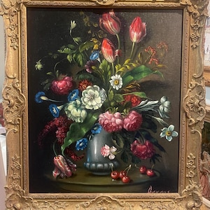 Pintura al óleo ORIGINAL Hermosas flores firmadas y en un hermoso marco dorado de la década de 1980