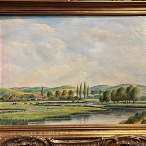 Original Ölgemälde Wunderschöne Fluss und Rinderszene 20.Jahrhundert Goldrahmen