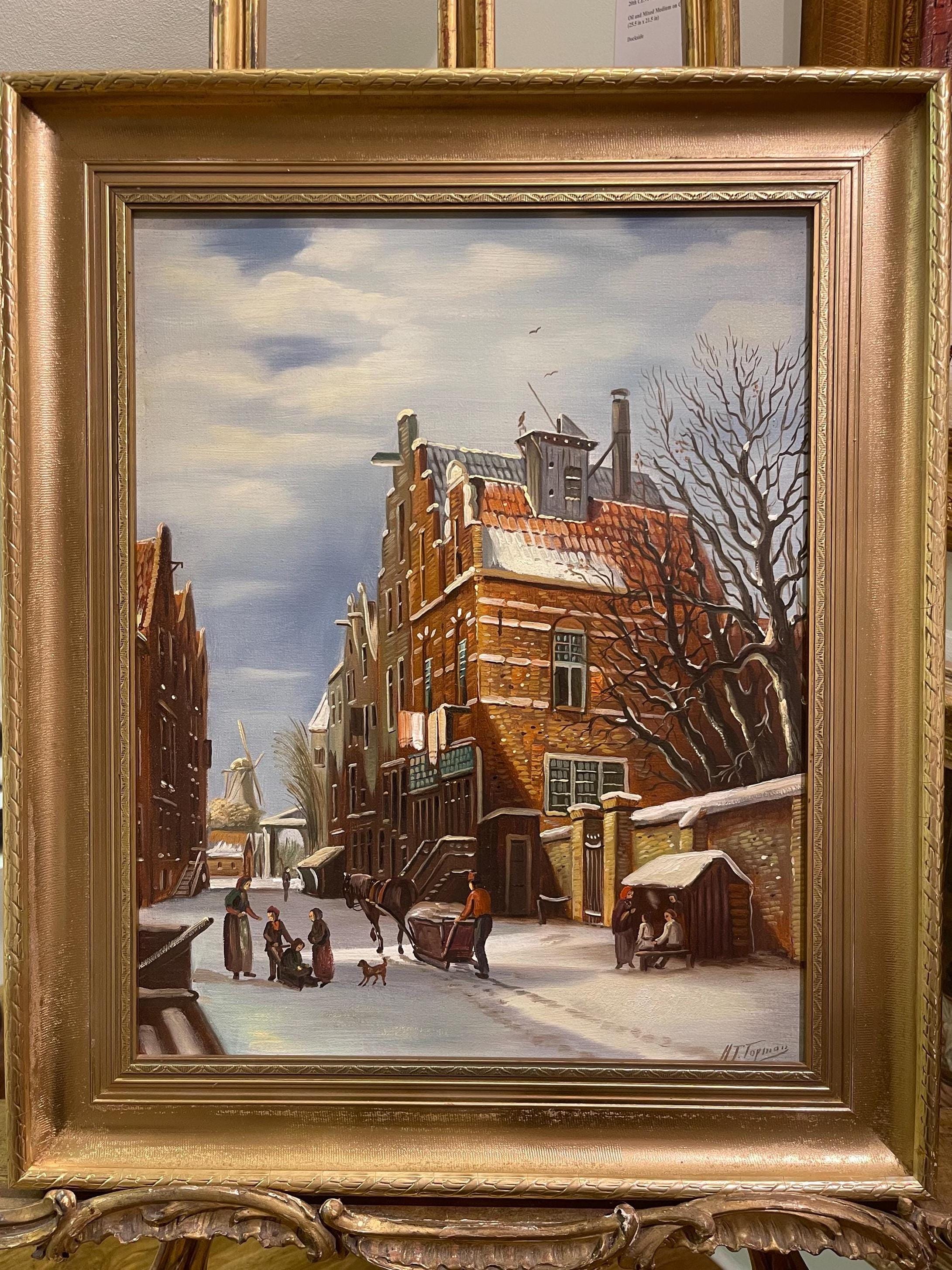 Stunning Original Oil PAINTING Winter Town Scene Signed H J