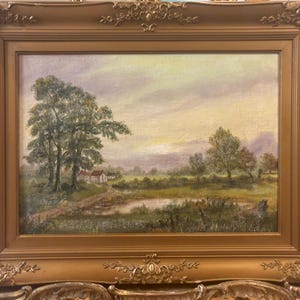 Original Oil Painting Signed Country Cottage Path In Gold FRAME 20th Century Vintage