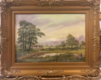 Original Oil Painting Signed Country Cottage Path In Gold FRAME 20th Century Vintage
