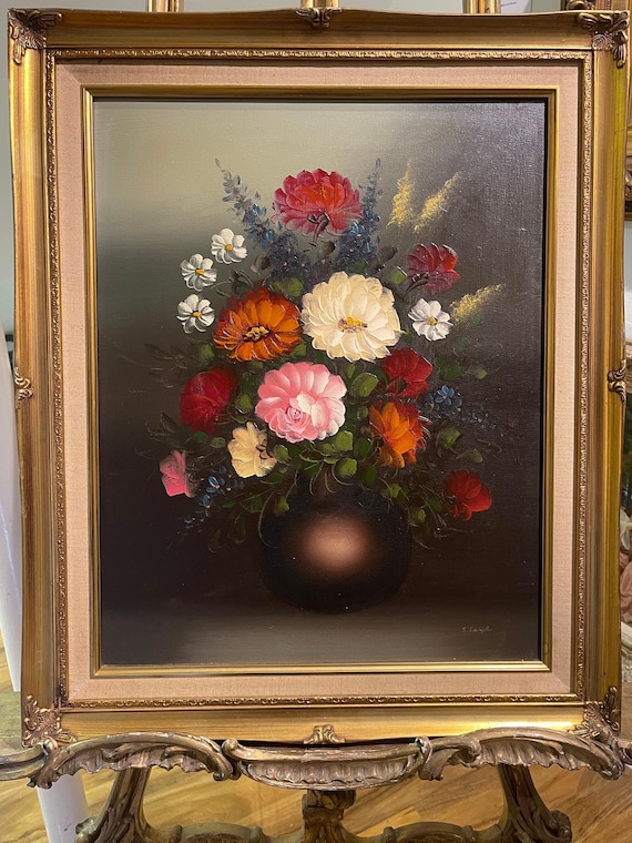 Beautiful Flowers Original OIL Painting in Gold and Wooden