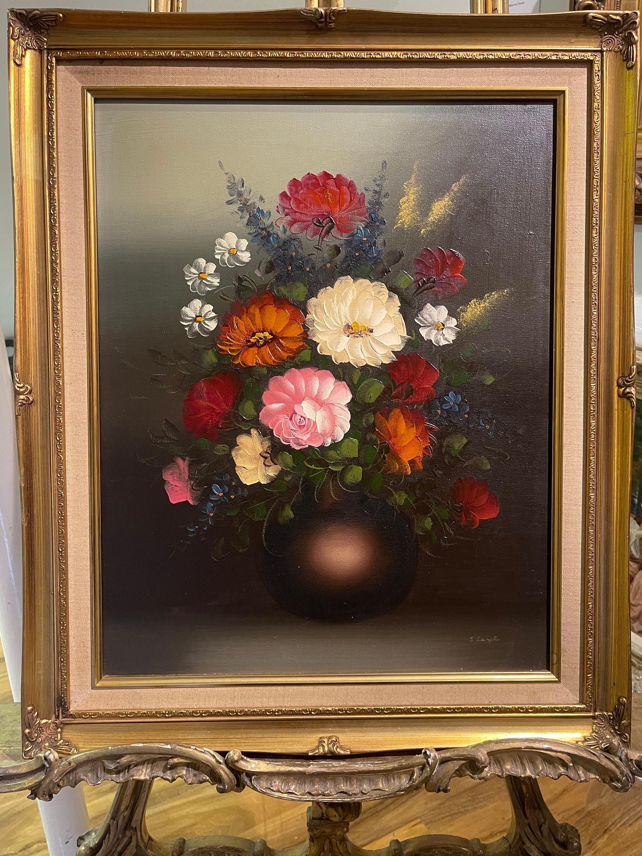 大きな取引 Beautiful Frame Gilt Gold in Painting OIL Original Flowers 絵画