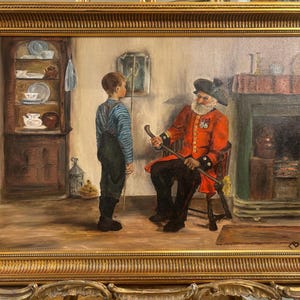 Antique 19th Century Impressionism Veteran indoor Scene Old Master Style Oil Painting in Gold Frame
