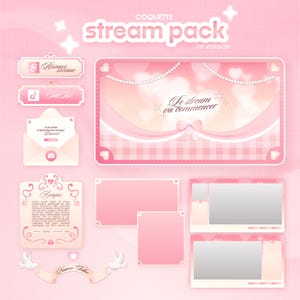Peut inclure: Un pack de stream rose et blanc avec le texte "COQUETTE stream pack FR VERSION". Le pack comprend des boutons de réseaux sociaux, une enveloppe, un parchemin décoratif et des éléments d'overlay.